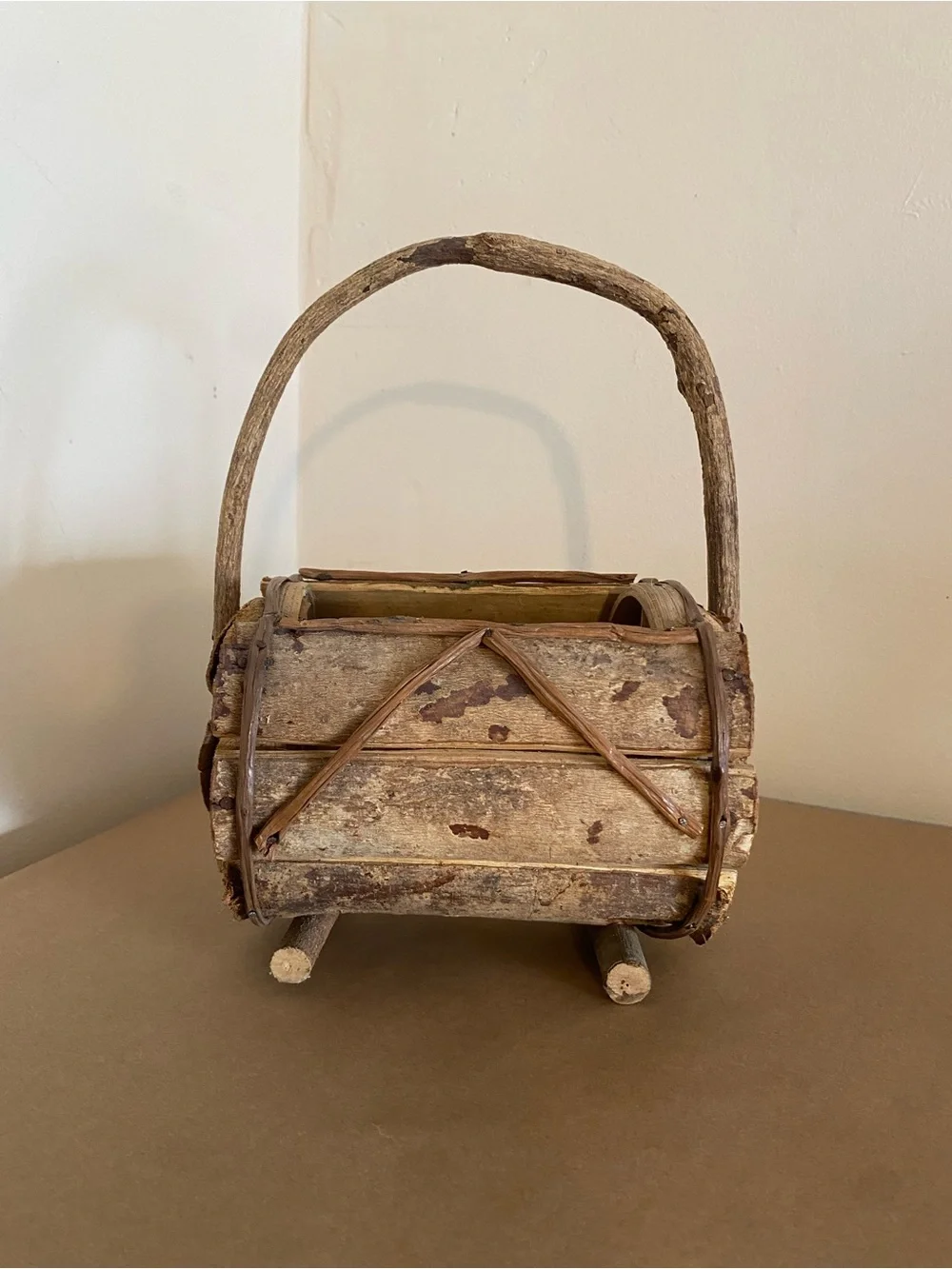 Rustic Natural Wood Handle Barrel Basket Brown with nails, vine wrapped decor